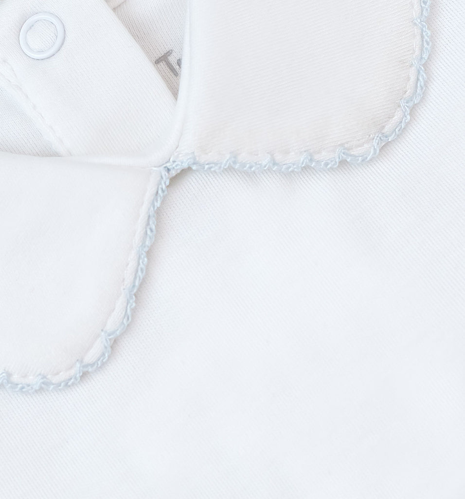 Short Sleeve Bebe Collar Bodysuit, White & Blue