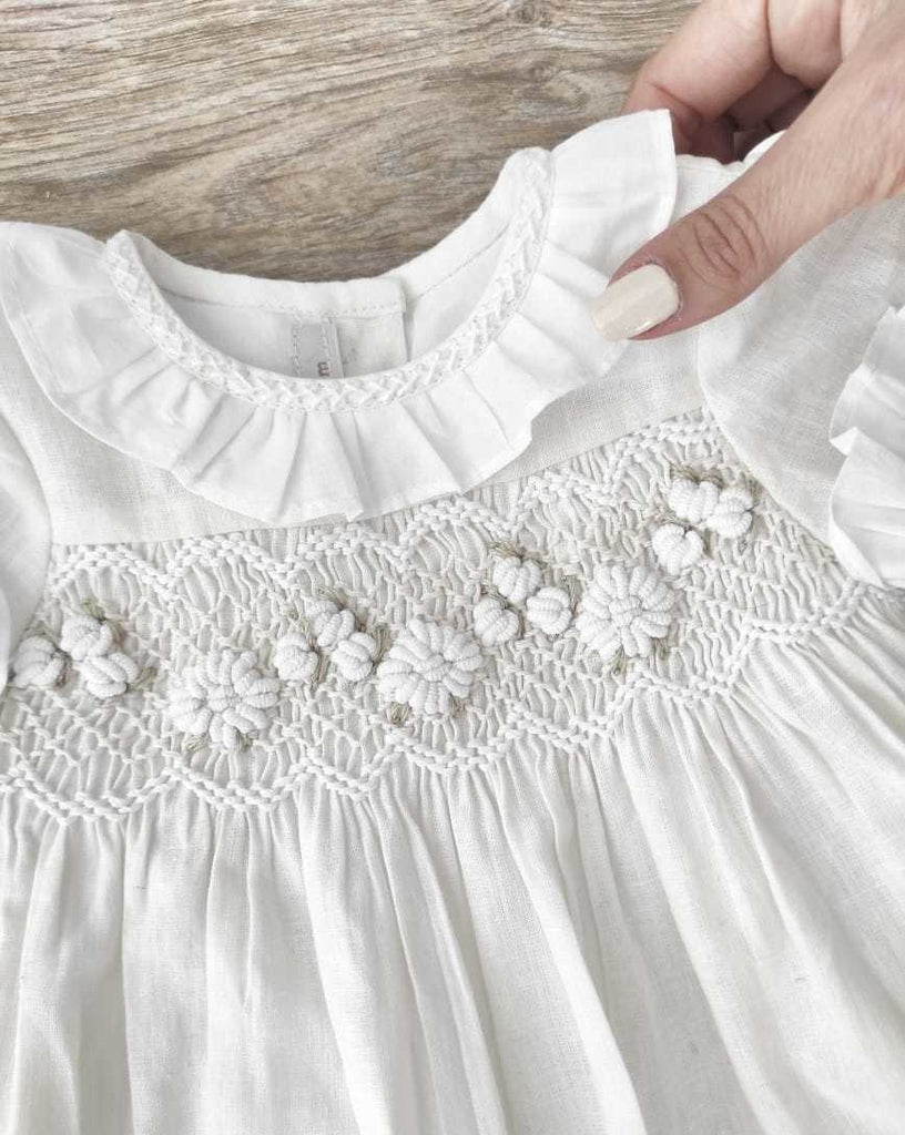 Federica Linen Smocked Dress Short Sleeve, Offwhite