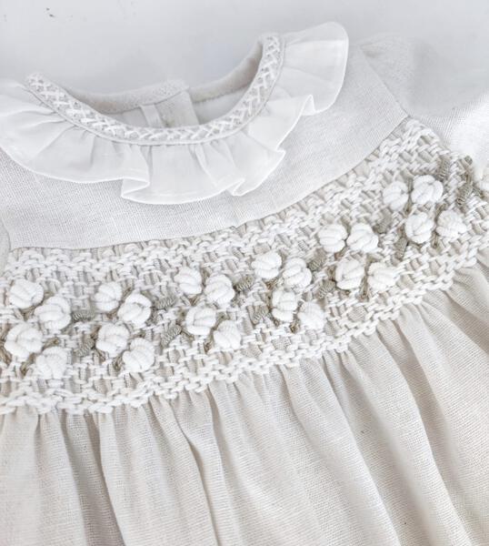 Federica Linen Smocked Dress Short Sleeve, Offwhite