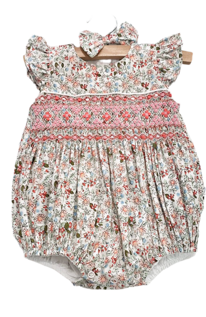 Menton Flower Smocked Romper, Mint & Pink