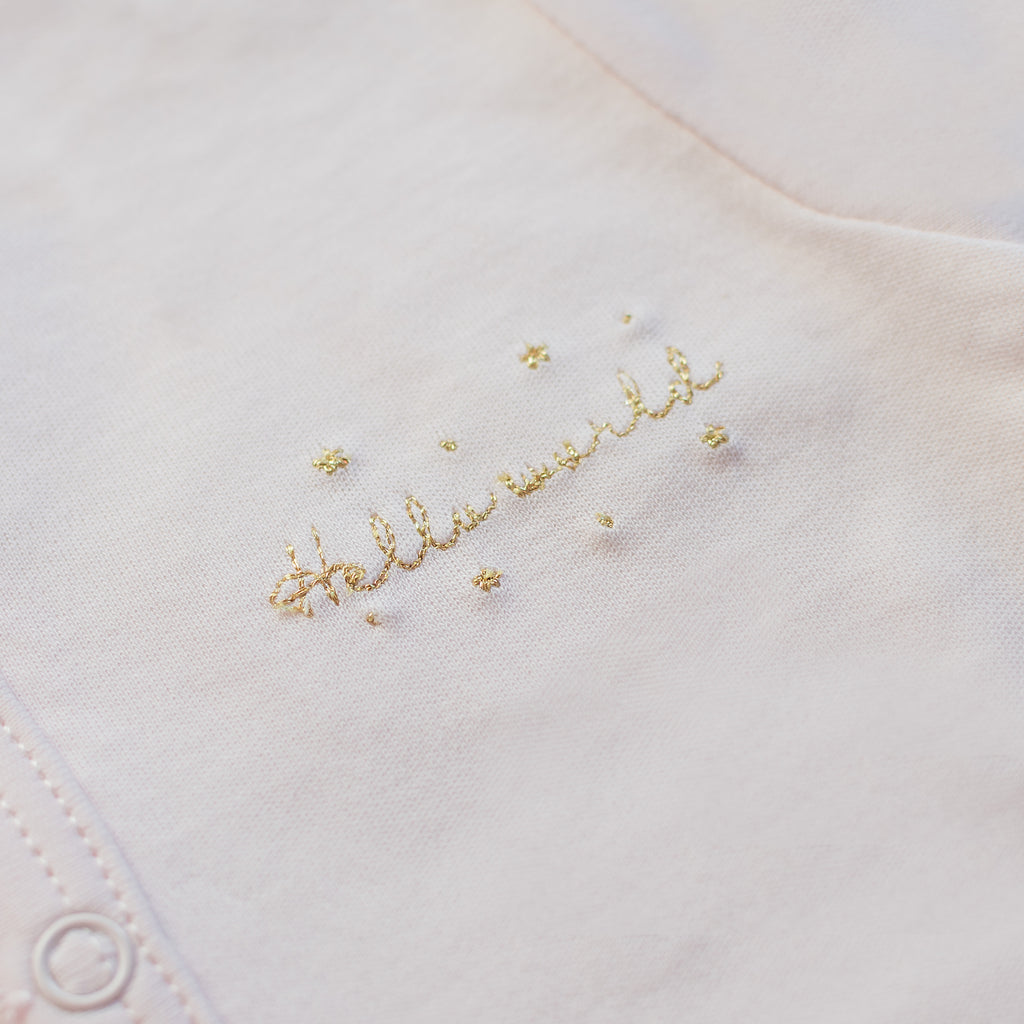 Hello World Short Sleeve Snapped Bodysuit, Pink