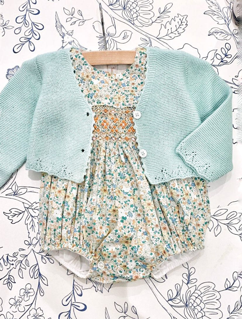 Menton Flower Smocked Romper, Mint & Orange