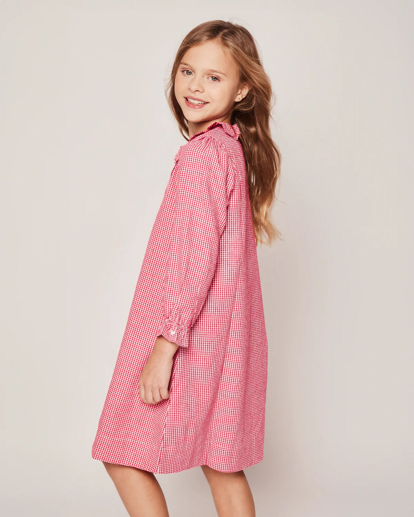 Girl's Flannel Victoria Nightgown in Red Mini Gingham