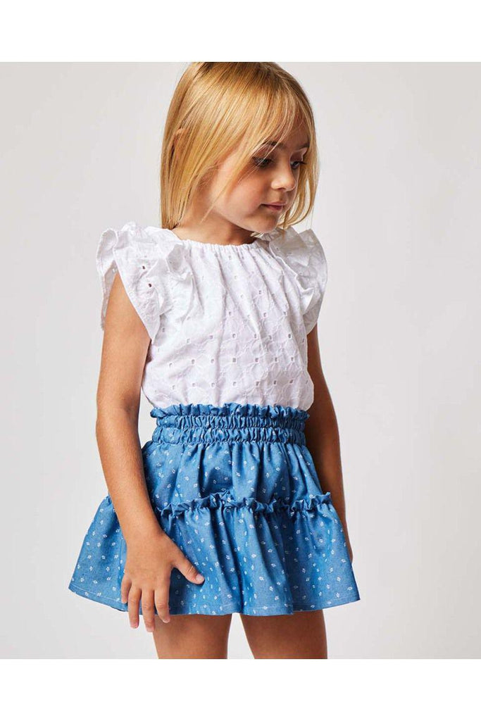 Set denim skirt & White Ruffle Blouse