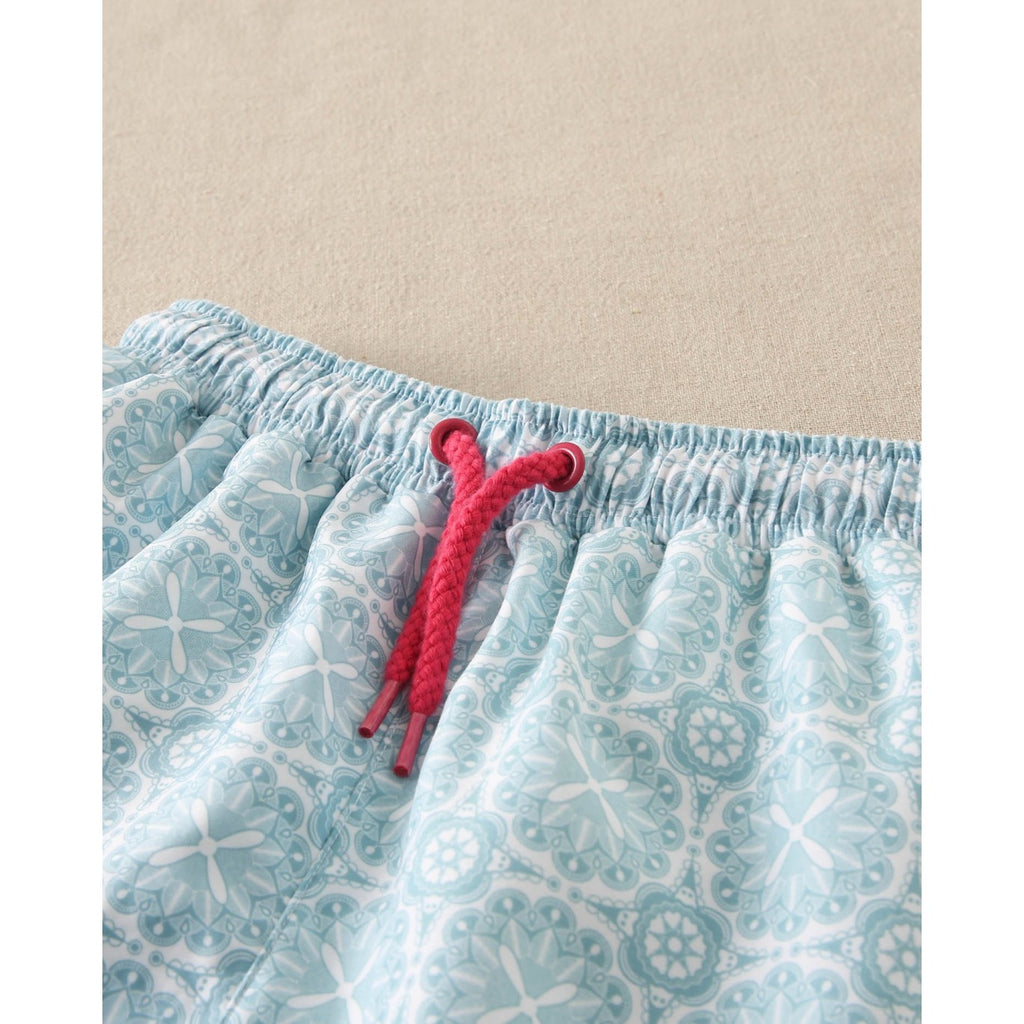 Sky blue retro print shorts with drawstring