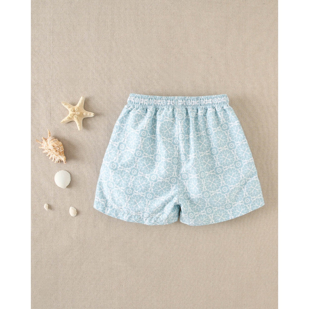 Sky blue retro print shorts with drawstring