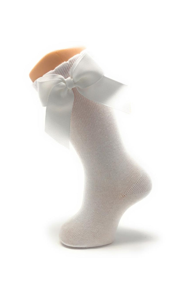 Knee Socks With Gross Grain Side Bow, White