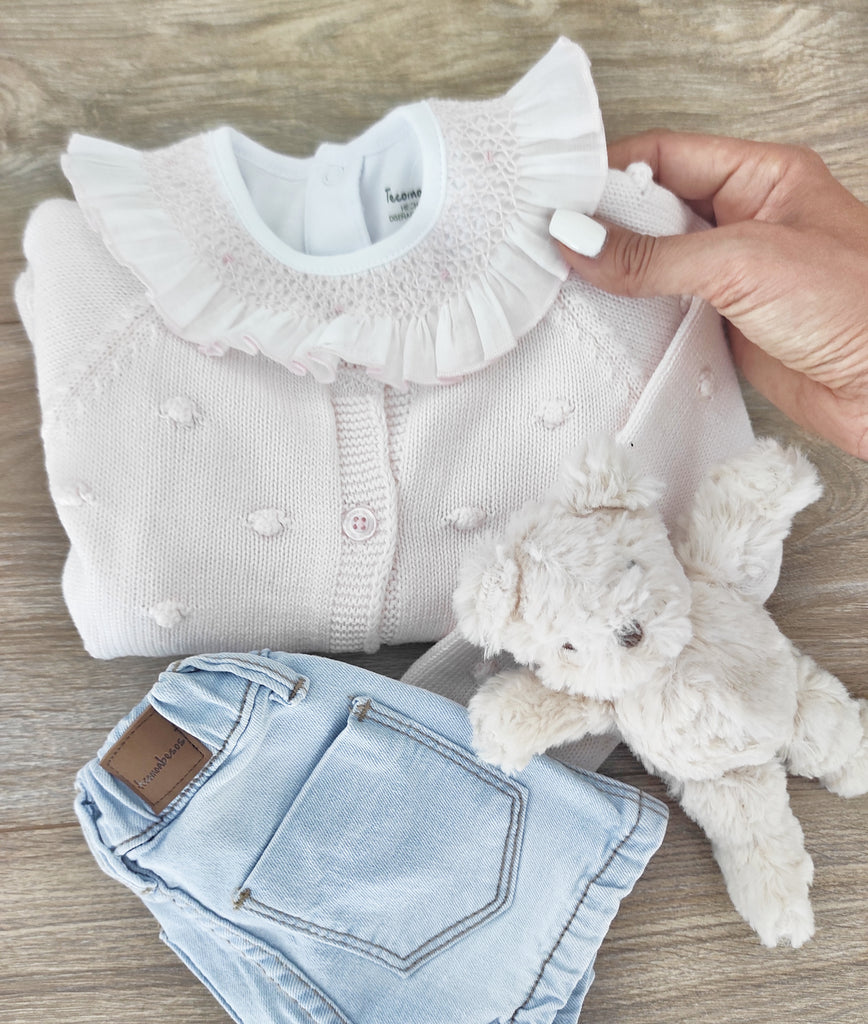 Smocked Long Sleeve Bodysuit, White & Pink