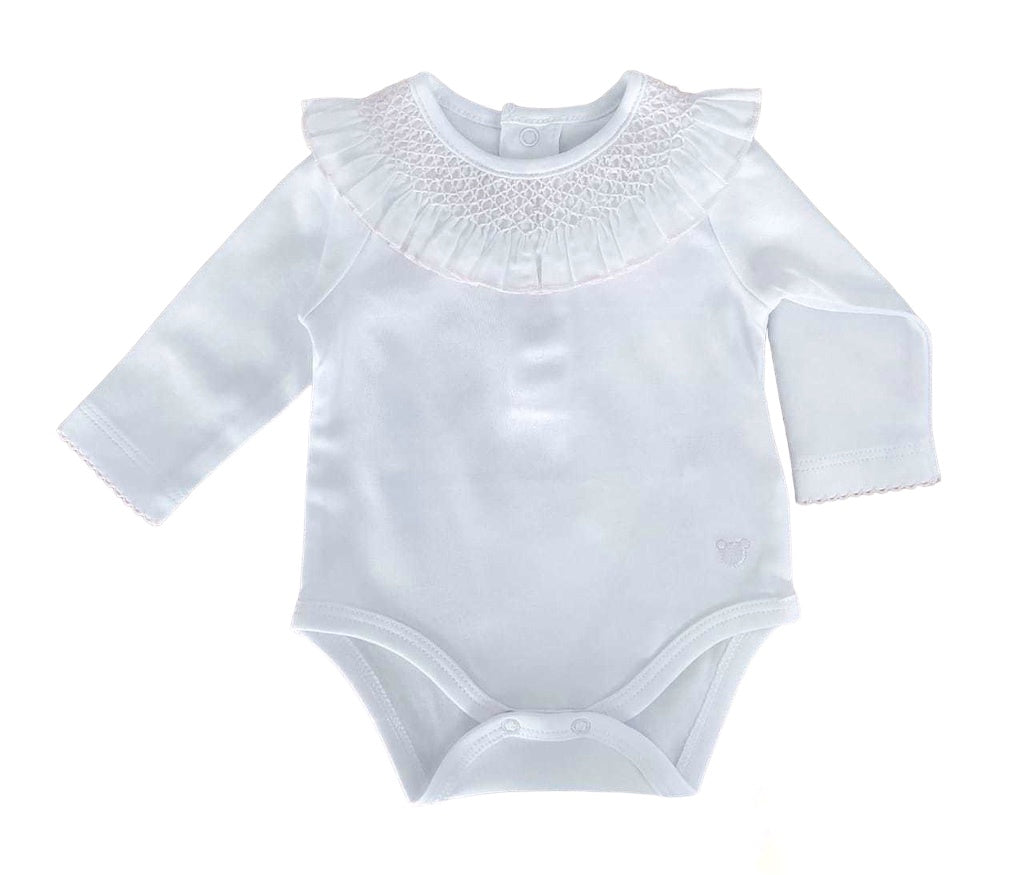 Smocked Long Sleeve Bodysuit, White & Pink