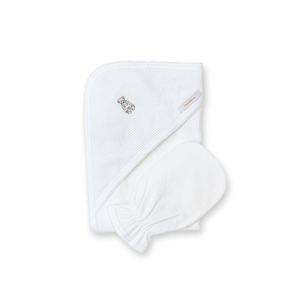 Teddy Towel With Hooded Mitten, White & Grey